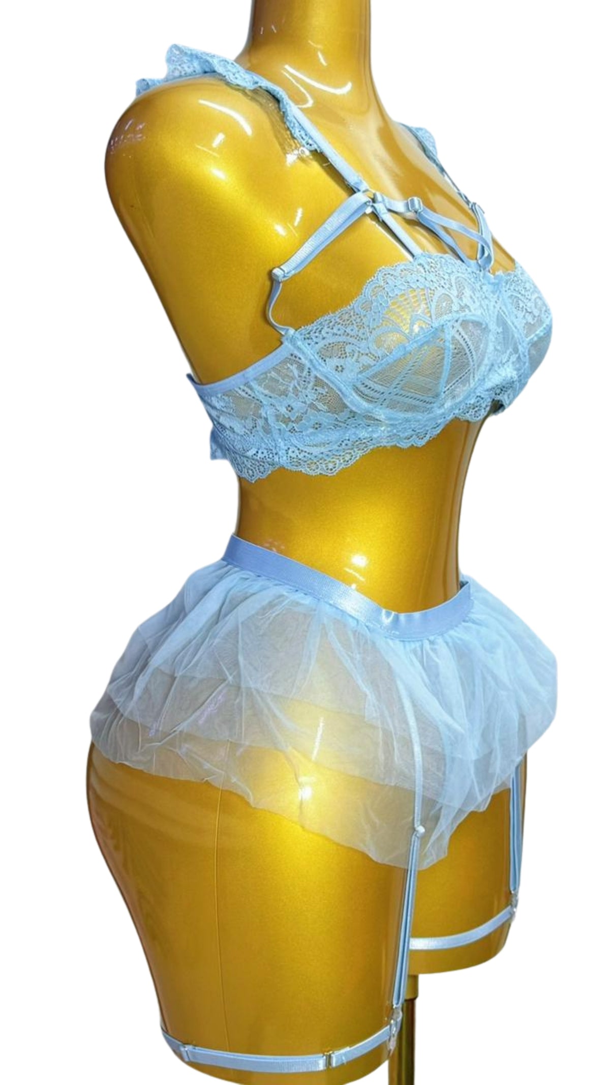 Baby Blue Lace & Tulle Lingerie Set - Back view