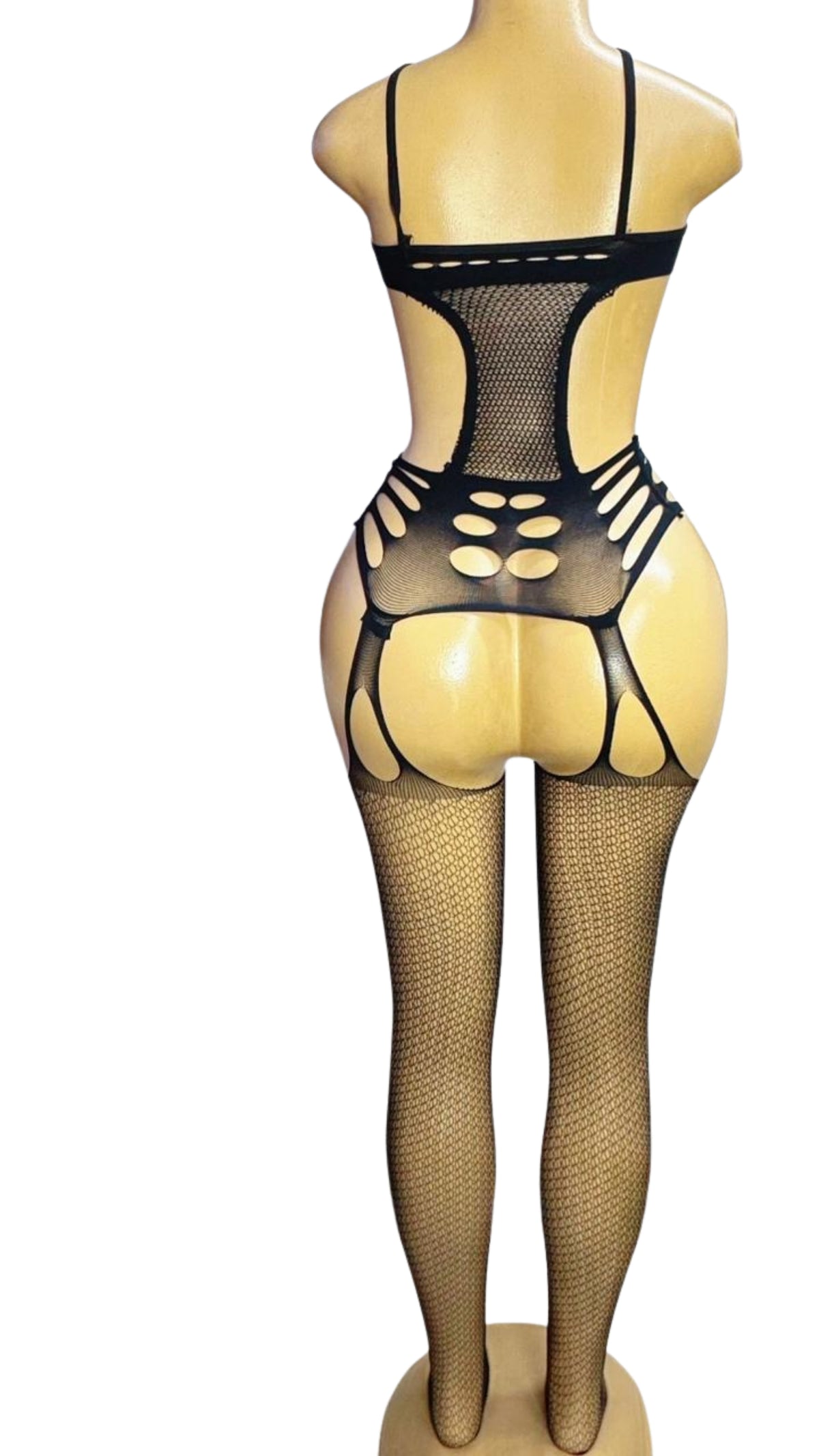 Black Cut-Out Fishnet Bodystocking with Garter Stockings #8069 - Back view