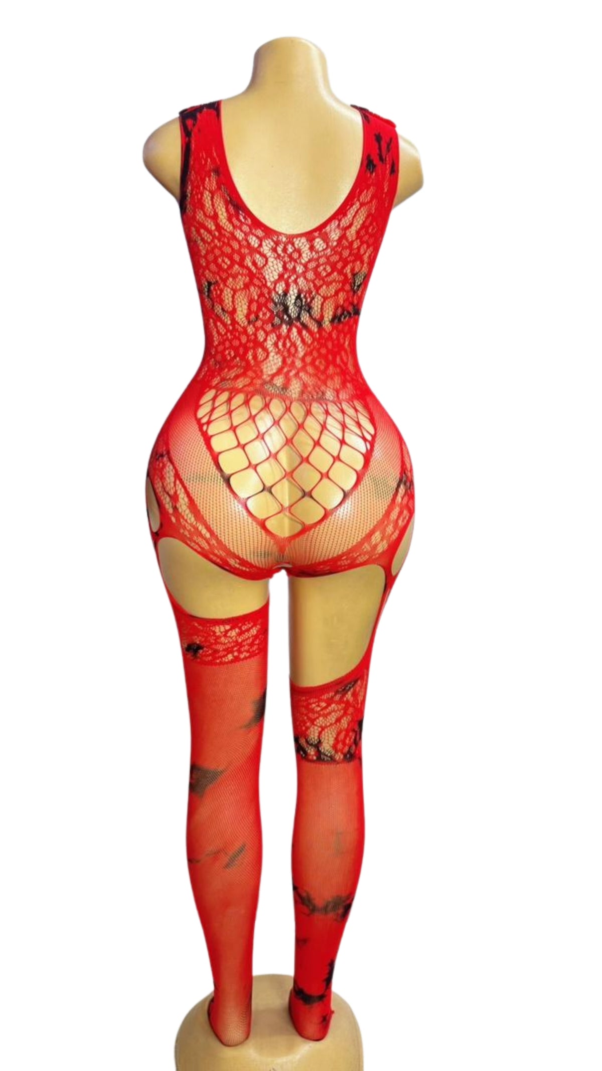 Red Floral Lace & Fishnet Mixed Catsuit #8602 - Back view