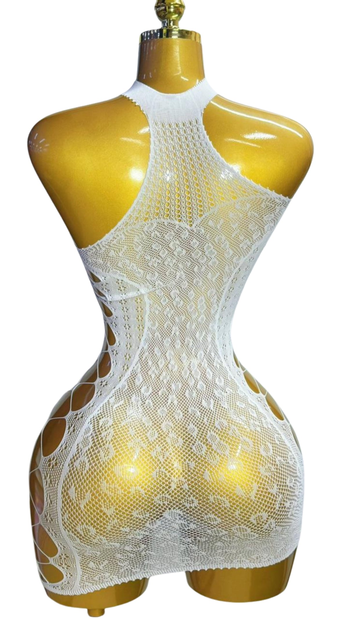 White Floral Lace & Oval Fishnet Mixed Mini Dress #A603 - Back view