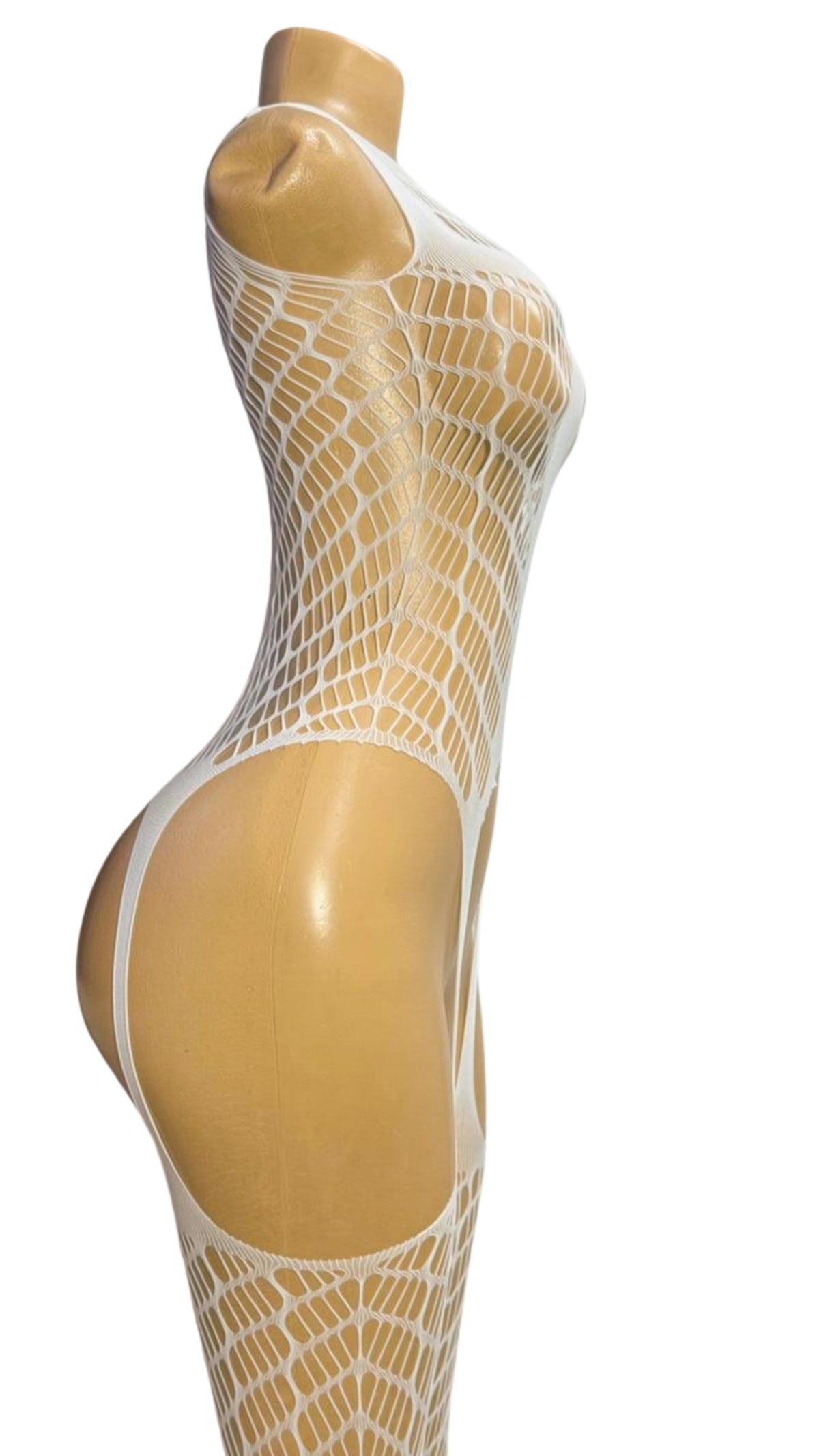 White Large-Weave Fishnet Bodystocking #A618 - Back view showing open bottom and stocking legs