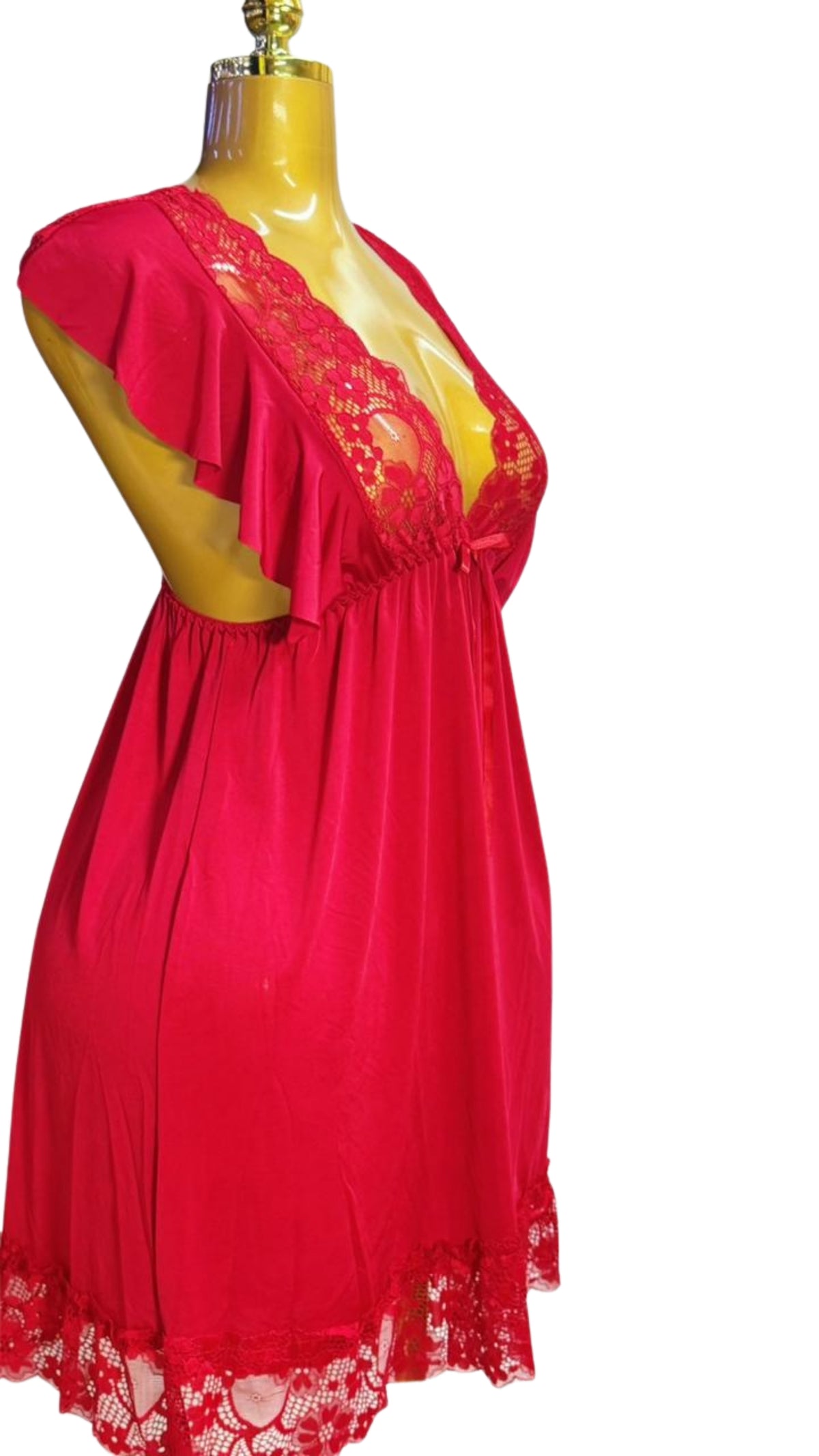 Red Floral Lace & Satin Flutter Sleeve Babydoll Chemise #R33 - Back view showing lace tie detail