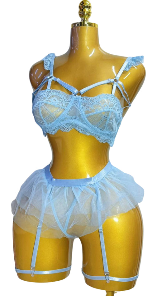 Baby Blue Lace & Tulle Lingerie Set - Front view