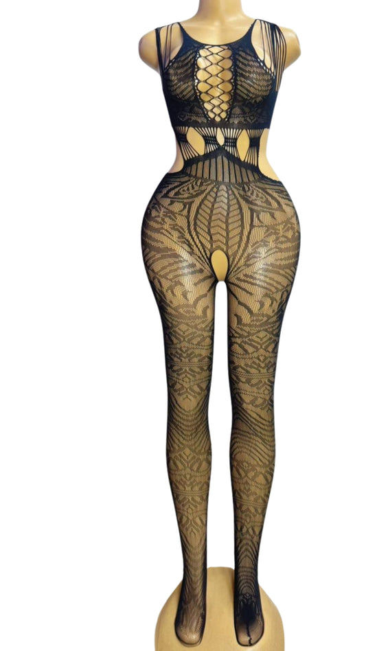 Black Crochet Lace Cut-Out Bodystocking #1070 - Front view