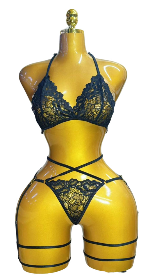 Leopard Print Halter Crop & Strappy Thong Set #1852 - Front view