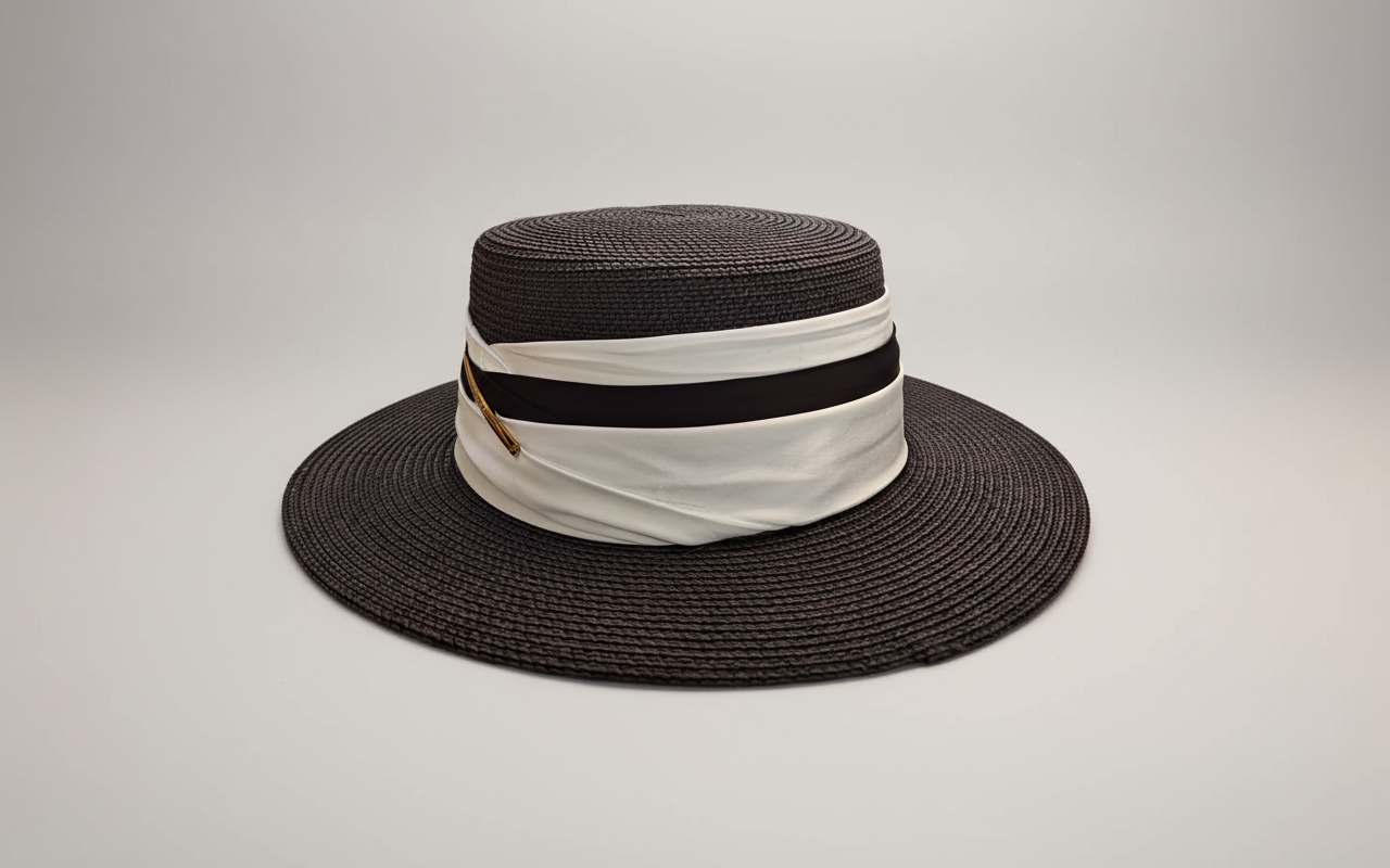 Black straw hat with a white band and black ribbon on a transparent background