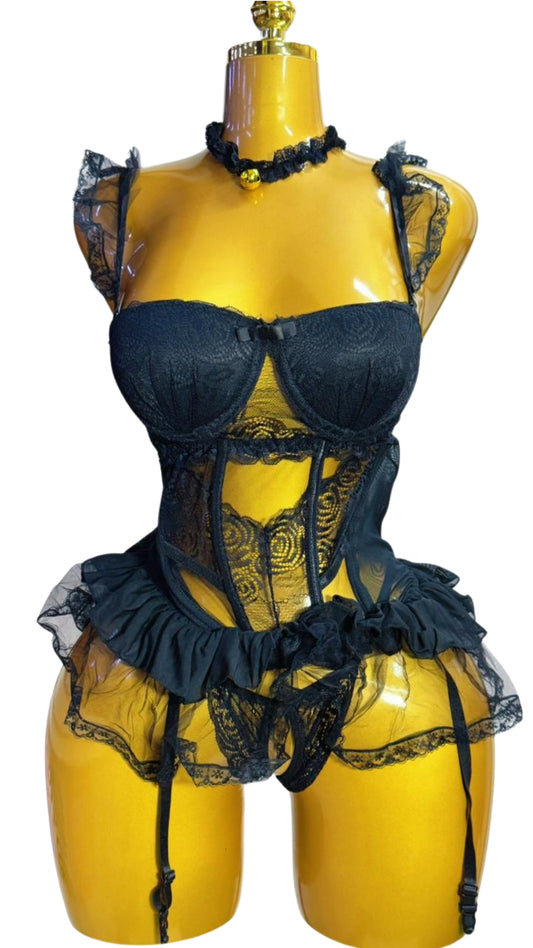 Black Lace Corset Bustier & Garter Set #5175 - Front view