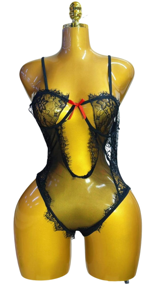 Black Lace Open-Front Teddy Bodysuit #5337 - Front view