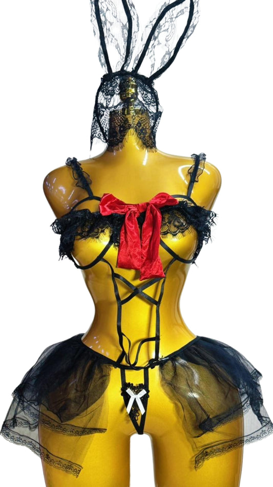Black Lace Bunny Costume Lingerie Set #6088 - Side front view