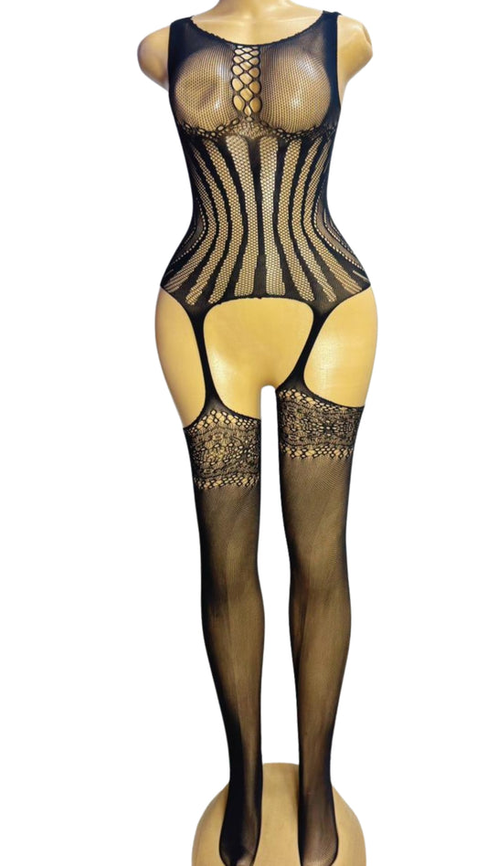 Black Patterned Fishnet Bodystocking with Attached Thigh-Highs #8028 - Front view