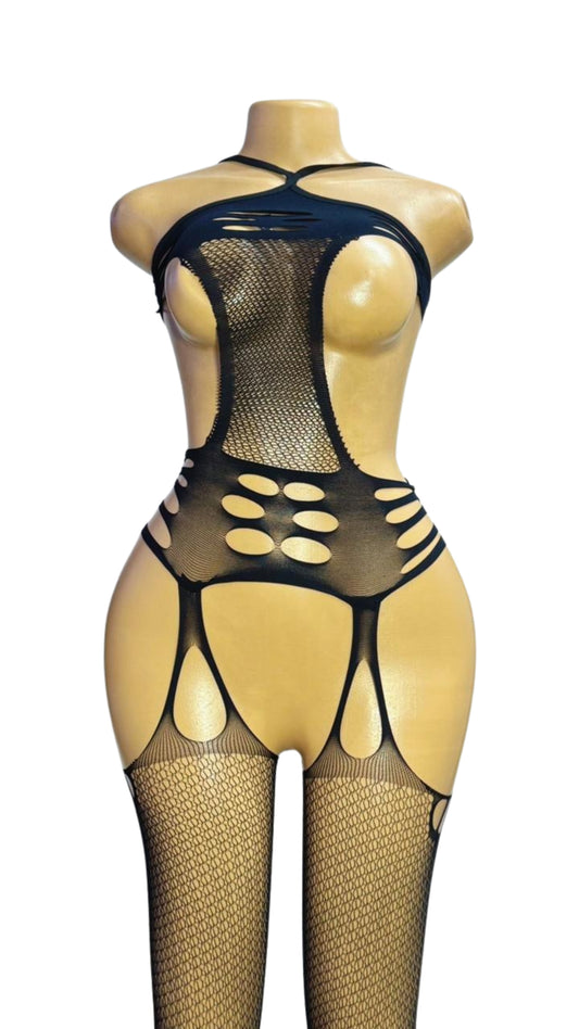 Black Cut-Out Fishnet Bodystocking with Garter Stockings #8069 - Front view