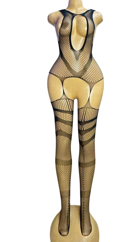 Black Chevron Mixed-Weave Fishnet Catsuit #8224 - Front view
