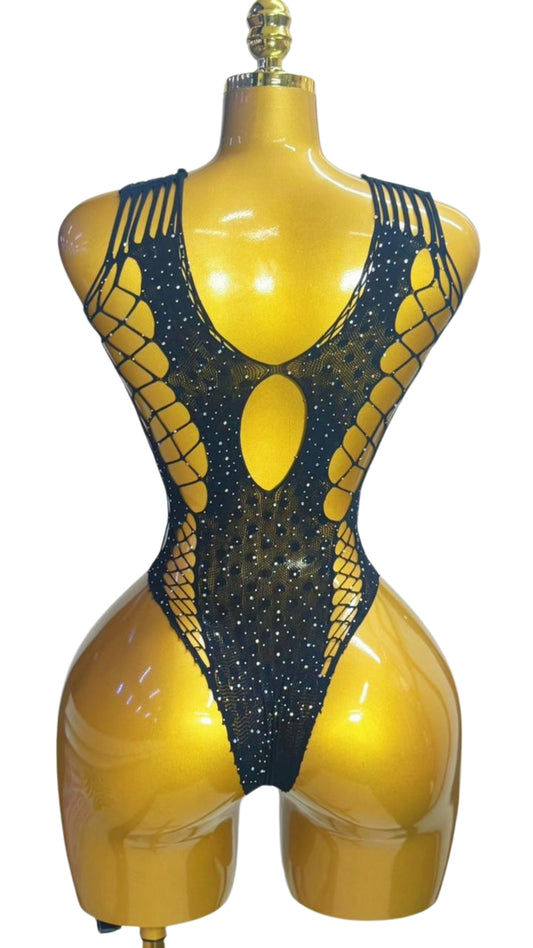 Black Rhinestone Fishnet Lace-Up Monokini Bodysuit #9074 - Front view