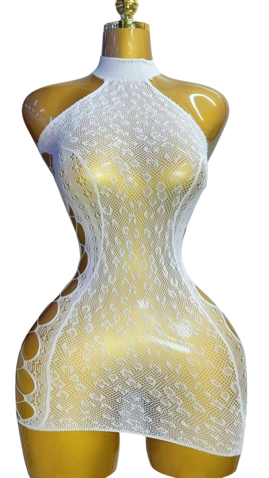 White Floral Lace & Oval Fishnet Mixed Mini Dress #A603 - Front view