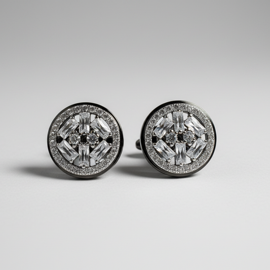 Pair of diamond earrings on a gray background