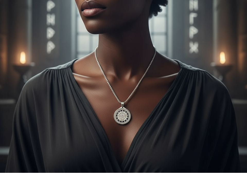 The Seal of Protection Medallion Necklace worn by a Black woman